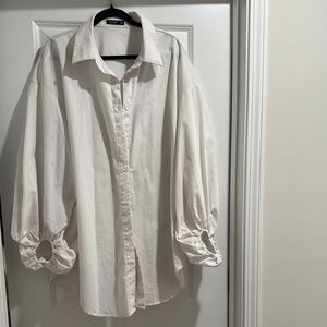 SHEIN Curve White Button Down Puff Sleeve Top